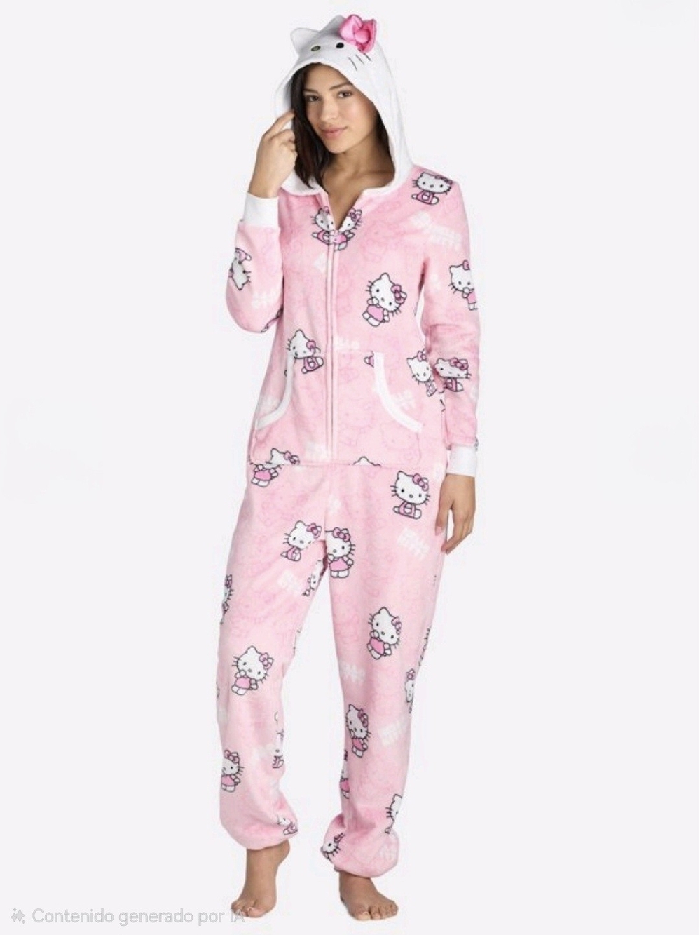 Hello Kitty Pink Hooded Fleece Onesie with Bow-Eared Hood
